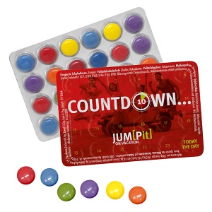 Blister évènementiel, bonbons en chocolat coloré