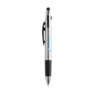 Stylo 3 couleurs avec embout/pointeur en caoutchouc pour écrans tactiles (comme iPhone/iPad), corps métallique, accent argenté et embout en caoutchouc 5