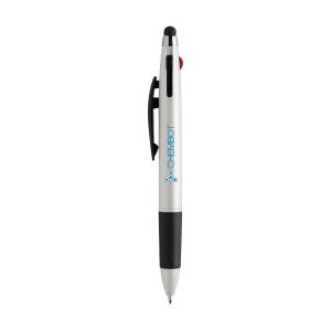 Stylo 3 couleurs avec embout/pointeur en caoutchouc pour écrans tactiles (comme iPhone/iPad), corps métallique, accent argenté et embout en caoutchouc 3