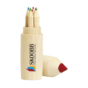 6 crayons de couleur en bois non vernis dans un cylindre en bois