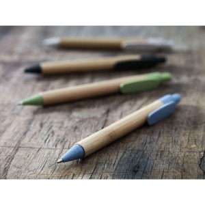 Stylo à bille à encre bleue avec corps en bambou, clip métallique, système à cliquet rotatif et embout en caoutchouc coloré 11
