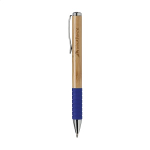 Stylo à bille à encre bleue avec corps en bambou, clip métallique, système à cliquet rotatif et embout en caoutchouc coloré