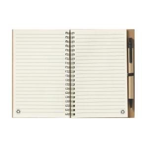 Bloc-notes en matériau recyclé avec environ 70 feuillets / 140 pages papier ligné de couleur crème (70 g/m²) et couverture cartonnée, relié par une spirale solide en métal 10