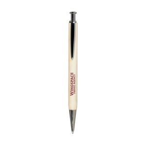 Stylo en hêtre massif à encre bleue avec clip, bouton-poussoir et pointe chromés