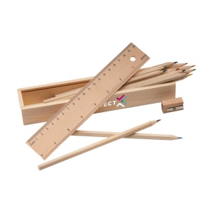 Boîte en bois avec couvercle (règle 20 cm), 12 crayons de couleur non-vernis avec taille-crayon en bois 2