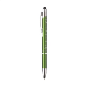 Stylo à encre bleue en aluminium avec embout/pointeur en caoutchouc pour écrans tactiles (comme iPhone/iPad), corps d'aspect métallique coloré mat et clip/bouton-poussoir en métal 18