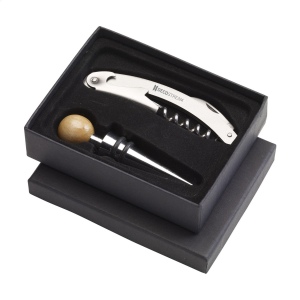 Ensemble de sommelier 2 pièces : ouvre-bouteille en acier mat et bouchon chromé avec embout en bois 2