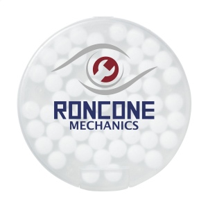Boîte distributrice en plastique rond rempli d'environ 12 g (55 pcs) de bonbons sans sucre à la menthe