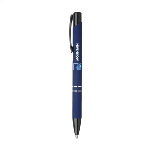 Stylo à encre bleue avec bouton-poussoir/clip et pointe noire, entrelacs chromés et finition antidérapante 21