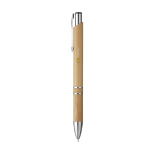 Stylo à encre bleue ou noire avec un joli corps en bambou, des anneaux chromées et un clip/bouton métallique 4