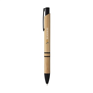 Stylo à encre bleue ou noire avec un joli corps en bambou, des anneaux chromées et un clip/bouton métallique 6