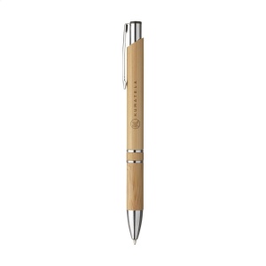 Stylo à encre bleue ou noire avec un joli corps en bambou, des anneaux chromées et un clip/bouton métallique 7