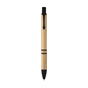 Stylo à encre bleue ou noire avec un joli corps en bambou, des anneaux chromées et un clip/bouton métallique 3