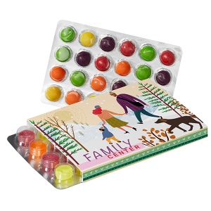 Etui promotionnel pour blister avec pastilles Pulmoll ou avec SKITTLES®
