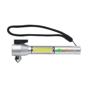 Outil 4-en-1 en aluminium pour la voiture muni d'un marteau de secours, d'un couteau pour ceinture de sécurité, d'un aimant et d'une lampe de poche avec une lumière COB 4