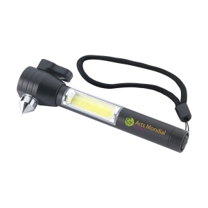 Outil 4-en-1 en aluminium pour la voiture muni d'un marteau de secours, d'un couteau pour ceinture de sécurité, d'un aimant et d'une lampe de poche avec une lumière COB 5