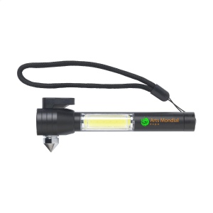 Outil 4-en-1 en aluminium pour la voiture muni d'un marteau de secours, d'un couteau pour ceinture de sécurité, d'un aimant et d'une lampe de poche avec une lumière COB 3