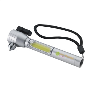 Outil 4-en-1 en aluminium pour la voiture muni d'un marteau de secours, d'un couteau pour ceinture de sécurité, d'un aimant et d'une lampe de poche avec une lumière COB