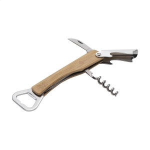 Couteau de sommelier pliable en métal avec poignée en bambou et 4 fonctions : tire-bouchon, 2 décapsuleurs et coupe-fil 4