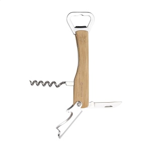 Couteau de sommelier pliable en métal avec poignée en bambou et 4 fonctions : tire-bouchon, 2 décapsuleurs et coupe-fil 2