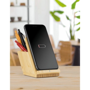 LEAVITT. Porte-smartphone et porte-stylos avec chargeur sans fil rapide 10W en bambou 4