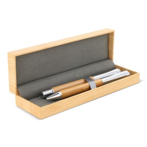 Ensemble stylo à bille et roller en métal bambou dans une boîte cadeau 2