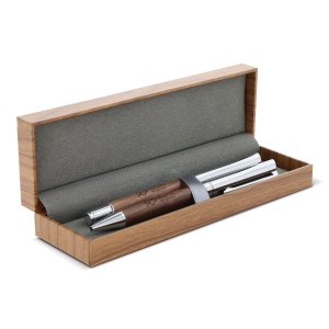 Ensemble stylo à bille et roller en métal bois de noyer dans une boîte cadeau