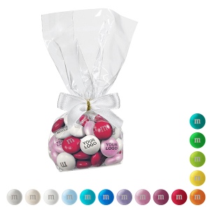 Bonbons en chocolat M&amp;M’S® personnalisés dans un ballotin transparent de 40 g avec nœud