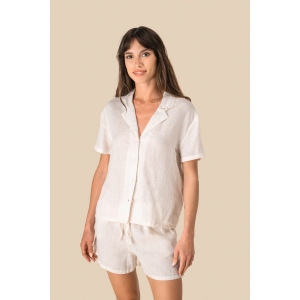 Chemise à col bowling manches courtes en lin femme