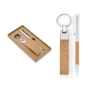 EVANS. Set composé d'un stylo à bille et d'un porte-clés, tous deux en métal et en liège