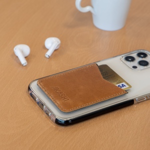 PORTE-CARTE POUR SMARTPHONE AVEC ADHESIF 3M EN CUIR VERITABLE MARRON CLAIR 4