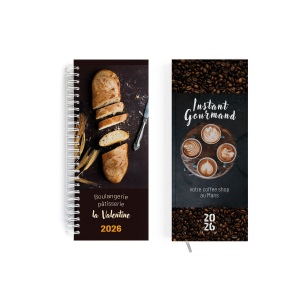 AGENDA DE CAISSE 2026 - 137X335MM - COUVERTURE CONTRECOLLEE QUADRI RECTO AVEC PELLICULAGE BRILLANT - SPIRALE DOUBLE METALLIQUE BLANCHE - 2 PAGES PERSONNALISEES EN DEBUT D'AGENDA