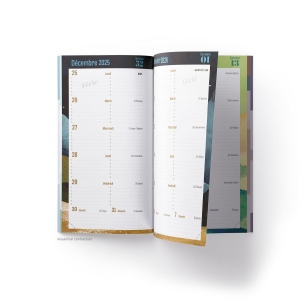 AGENDA ECO POCHE 2026 - THEME BUSINESS-4 - 95 x 165 mm - QUINZAINIER 64 PAGES - COUVERTURE 380g QUADRI PAGES 1 ET 4 - PELLICULAGE BRILLANT RECTO - PIQURE 2 POINTS METAL 6