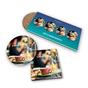 SET DE 4 SOUS-VERRE RONDS DIAMETRE 95 mm - BOIS FIBRE DURE 3 mm - SOUS ETUI QUADRI 380g SATIMAT PELLICULAGE BRILLANT