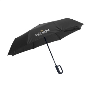 Parapluie à ouverture et fermeture automatique avec une toile en polyester pongé RPET 190T et une confortable poignée en plastique en forme de mousqueton