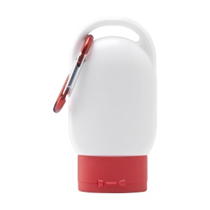 Une lotion solaire protectrice (indice 30) dans un flacon en plastique pratique avec un bouchon coloré et un mousqueton en métal de la même couleur 13
