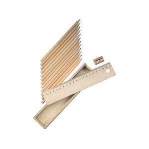 Set 12 crayons color s, section hexagonale (long. 17 cm.), avec bo te en bois (20,8x5,2x3, 3