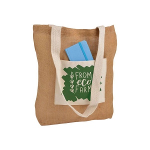 Shopper avec soufflet à la base en Jute avec anses et poche externe (18 x 15 cm) en coton 4