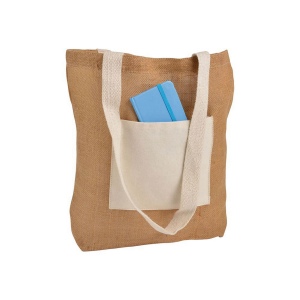 Shopper avec soufflet à la base en Jute avec anses et poche externe (18 x 15 cm) en coton