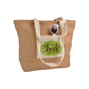 Shopper avec soufflet à la vase en Jute avec anses et poche externe (18 x 15 cm) en coton 4