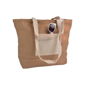 Shopper avec soufflet à la vase en Jute avec anses et poche externe (18 x 15 cm) en coton 2