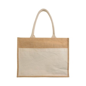 Shopper avec soufflet en Jute avec intérieur ciré,  anses et poche externe en coton 3