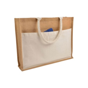Shopper avec soufflet en Jute avec intérieur ciré,  anses et poche externe en coton 2