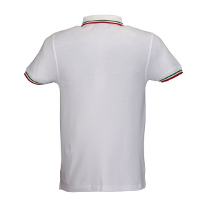 Polo 100% coton piqué 180g/m2, mancese courtes, bordures tricolores et fermeture avec 2 bo 3