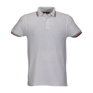 Polo 100% coton piqué 180g/m2, mancese courtes, bordures tricolores et fermeture avec 2 bo