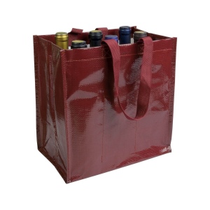 Shopper porte-bouteilles (6) en PP laminé 120g/m2, anses courtes en ruban