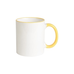 Tasse en céramique blanche avec bordures et manche colcorés adaptèe au lave-vaisselle et f 5