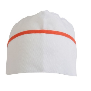 Toque de chef 30 % coton / 70% polyester blanc avec bordure colorée. Taille unique 7