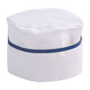 Toque de chef 30 % coton / 70% polyester blanc avec bordure colorée. Taille unique 3