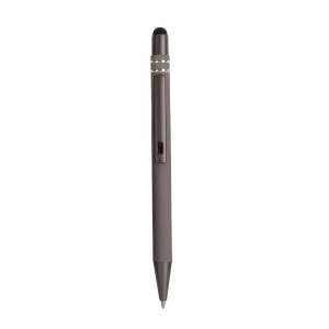 Stylo à poussoir en aluminium caoutchouté avec décoration à 2 anneaux et détails chromés a